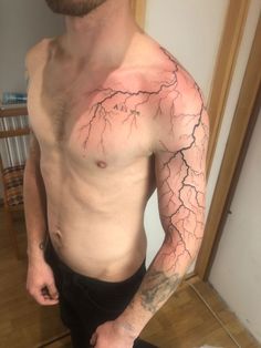 Lightning tattoo | Creative Tattoos by  Valery Mcwhorter Lightning Tattoo Designs Men, Chest Lightning Tattoo, Lightning Tattoos For Men, Lighting Tattoo On Shoulder, Lighting Sleeve Tattoo, Lighting Design Tattoo, Thunder Tattoo Shoulder, Lighting Shoulder Tattoo, Lightning Sleeve Tattoo