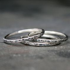 Rustic Sterling Silver Stacking Rings Set of Three 3 by KiraFerrer Hammered Silver Stackable Promise Rings, Silver Hammered Stackable Promise Rings, Everyday Hammered Sterling Silver Stackable Rings, Gift Double Band Stackable Bands, Stackable Double Band Rings For Gifts, Gift Stackable Double Band, Stacked Sterling Silver Rings, Sterling Silver Stackable Double Band Ring, Stacked Sterling Silver Rings In Silver