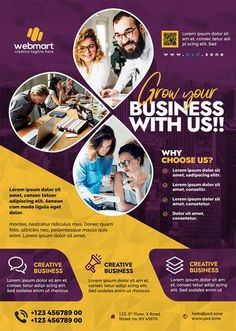 a purple and yellow business flyer