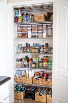 an organized pantry with baskets and food items