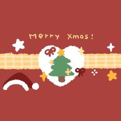 a merry xmas card with a christmas tree and other holiday decorations on it's red background