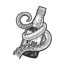 an ink drawing of a bottle with a chain around it and a donut in the middle