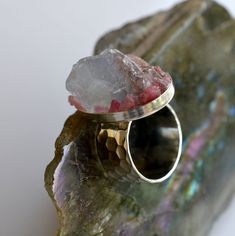 Rough Fluorite Ring Raw Fluorite Pink Tourmaline Ring Rough | Etsy Unique Adjustable Ruby Ring, Unique Adjustable Ruby Gemstone Ring, Unique Raw Rings For Gifts, Sterling Silver Rings With Raw Details As A Gift, Unique Raw Rings As Gift, Rainbow Fluorite Ring, Fluorite Jewellery, Fluorite Ring, Rough Gemstone Ring