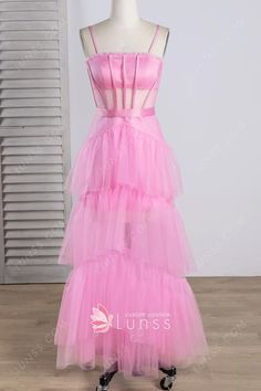 Sheer corset candy pink tiered tulle cute long party gown Party Dress Corset, Long Party Gowns, Custom Made Prom Dress, Prom Fashion, Prom Birthday, Sheer Corset, Cute Dresses For Party, Dress Train, Dress Corset