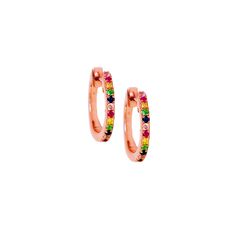 Small Rainbow Hoop Earrings in Solid 14K Gold 12 multi-color stones in each totaling approximately .04 CTS Approximately 12mm Diameter Sold Individually or as a Pair Rainbow Bar, Color Stones, Earrings Ear, Ear Cuffs, Affordable Luxury, Rose Gold Earrings, Post Earrings, Ear Cuff, Diamond Earrings