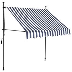 a blue and white striped awning on top of a metal pole with black poles