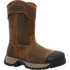 Take the edge off your workday with the Georgia Boot DuraBlend Edge waterproof work boot.Engineered for comfort and performance, this full-grain leather boot features the ultra-comfortable AMP (Advanced Memory Polyurethane) Insole and a DuraBlend Midsole for excellent rebound and responsive comfort.This 10-inch brown pull-on boot is made with a cement construction and is equipped with a fiberglass shank for added support. The outsole is dual-density EVA and Carbo-Tec rubber, which has excellent Mens Steel Toe Boots, Pull On Work Boots, Mens Waterproof Boots, Composite Toe Work Boots, Womens Work Boots, Georgia Boots, Slip Resistant Shoes, Steel Toe Work Boots, Work Boots Men