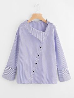 Shein Asymmetric Collar Drop Shoulder Striped Blouse Women Shirt Designs, Kurti Neck Designs, فستان سهرة, Kurta Designs, Clothes Ideas