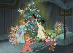 an animated christmas scene with children decorating the tree