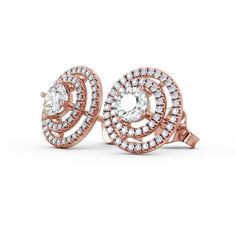 Flavia halo diamond earrings in 18K Rose Gold. Majestic and divine style earrings with a round shaped diamond on each earring, surrounded by two circles of stunning cluster diamonds. All of the smaller round cluster diamonds will be Clarity VS1 and Colour F as standard. The diamond weight is based on both earrings combined and a range of metal options are available for you to choose. We also offer a free design service for any customised changes that you may require. Round Diamond Earrings, Halo Diamond Earrings, Halo Style, Style Earrings, 18k Rose Gold, Halo Diamond, Round Diamond, Round Diamonds, Circles