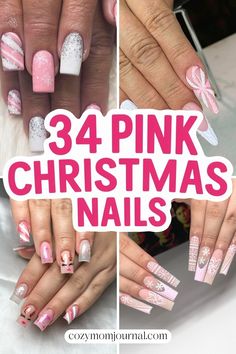 Pink Christmas nail designs with snowflakes and glitter on different hand poses. Pink And White Xmas Nails, Pink Nails Holiday, Christmas Nails With Pink, Pink Candy Nails, Holiday Pink Nails, Candy Christmas Nails