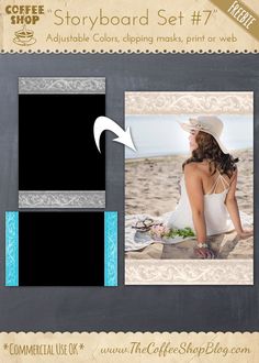 an image of a woman sitting on the beach in front of a chalkboard frame