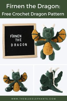 three crocheted dragon amigurts with text overlay that reads,'free crochet dragon pattern '