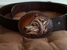 "Genuine Leather BELT &  WOLF Leather Buckle..  This is a custom belt made from hand-selected, premium quality leather. Belt sewn on length, leather is dyed by hand. Edges of each the belt are smoothed and treated with high quality special paint. The surface and edges of the belt are treated with a special finish coat. The buckle is attached using three special belt screws. Therefore, it will not be difficult for you to change the buckle to another one. >> Please follow instruction to give your Luxury Traditional Leather Belt Buckles, Carved Leather Belt, Buckstitch Leather Belt, Southwestern Hand-tooled Adjustable Belt Buckles, Custom Leather Belts, Cowboy Belt, Southwestern Hand-tooled Brown Belt Buckles, Custom Belt, Western Belts