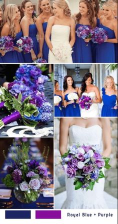 a collage of photos with purple flowers and bridesmaid's bouquets