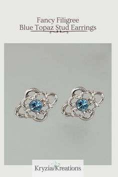 The delicate intricacy of these filigree blue topaz earrings embrace the feminine motifs found in vintage lacework.  These vintage-inspired filigree stud earrings are crafted from recycled sterling silver and set with 3mm faceted Swiss blue topaz stones in open-back settings.  See more about this artisan-made earrings at www.KryziaKreationsStudio.com Vintage Style Rings