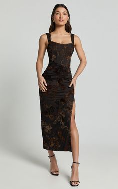 Karlene Midi Dress - Ruched Corset Burnout Dress in Black and Brown Fitted Brown Corset Dress, Brown Fitted Corset Dress, Formal Brown Ruched Midi Dress, Brown Party Dress With Ruched Bodice, Brown Ruched Midi Dress For Night Out, Lulus Floral Dress, Wife Clothes, Red Sequin Dress, Basic Black Dress