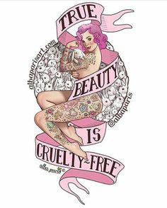 a woman with pink hair and tattoos on her chest holding a cat in front of the caption true beauty is cruelly free