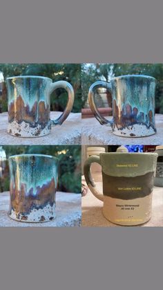 four mugs sitting on top of a table next to each other with different designs