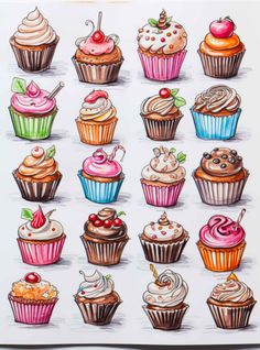 a drawing of cupcakes with different toppings