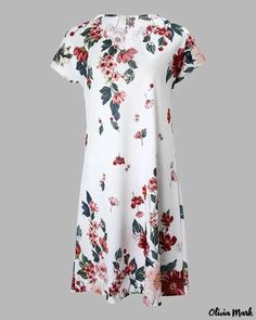 Olivia Mark - Floral Print Scallop Trim V-Neck Relaxed Dress Spring Daywear V-neck Split Neck Dress, Printed V-neck Midi Dress For Daywear, V-neck Printed Midi Dress For Daywear, Spring Shift Midi Dress With Split Neck, White V-neck Shift Midi Dress, White Shift Midi Dress With V-neck, White Split Neck Dress For Spring, White Split Neck Casual Dress, White Dress With Notched Neckline For Spring