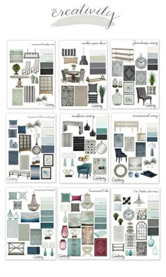 a collage of different furniture and decor items in shades of blue, green, gray, and white