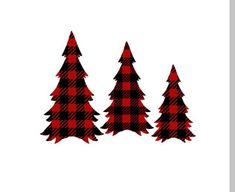 three red and black christmas trees on a white background