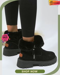 Women's Fleece Warm Chunky Heel Round Toe Ski Boots Trendy Winter Boots With Zipper Closure, Casual Winter Boots With Zipper Closure, Trendy Winter Boots With Faux Fur Lining, Trendy Winter Boots For Cold Weather, Ski Boots, Womens Fleece, Black Khakis, Chunky Heel, Chunky Heels