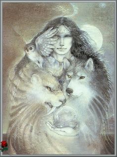 a drawing of two wolfs and a woman with her head on the back of another wolf