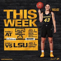 a woman holding a basketball in front of a brick wall with the words this week on it