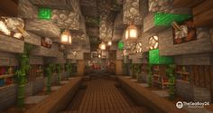 the inside of a minecraft library with lots of bookshelves and lights on