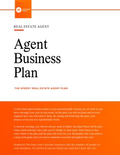 the real estate agent's agent business plan is shown in orange and white colors