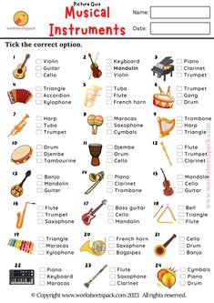 musical instruments worksheet for kids to practice their instrument skills and play with them