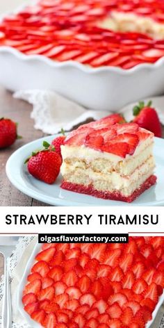 strawberry trirami cake with strawberries on top and in the background, there is a large serving dish