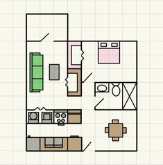 a drawing of a floor plan for a small apartment with one bedroom and two bathrooms