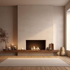 a living room with a fireplace and candles