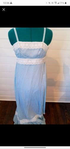 Beautiful blue and white polka dot maxi dress with white lace details. Polka Dot Maxi Dress, 70s Maxi Dress, Polka Dot Maxi Dresses, Nashville Tn, Dress Clothes For Women, White Polka Dot, Beautiful Blue, Vintage 70s, Lace Detail