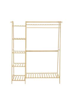 a gold metal shelf with three shelves on each side and one above the other, against a white background