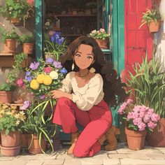 a woman sitting on the ground next to potted plants