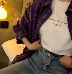 Loose Casual Purple Plaid Long Sleeve Shirt – Tomscloth Purple Oversized Button-up Top, Oversized Purple Button-up Top, Casual Long Sleeve Purple Shirt, Casual Purple Long Sleeve Shirt, Casual Purple Shirt For Fall, Trendy Purple Cotton Shirt, Purple Plaid, Purple Shirt, Long Sleeve Plaid Shirt