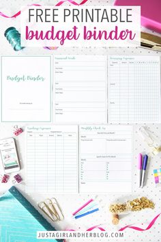 the free printable budget binder is on top of a desk with pens, scissors and other items