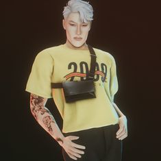 a person wearing a yellow shirt and black pants with tattoos on their arms, standing in front of a dark background