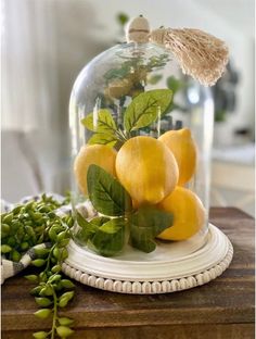 some lemons and green leaves under a glass clochet on a wooden table