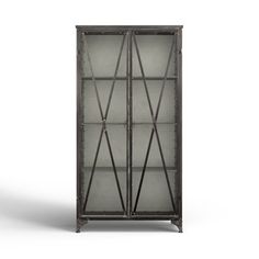 an old metal bookcase with glass doors on the front and bottom, against a white background