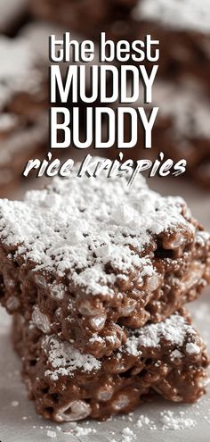 the best muddy buddy rice krispies are made with chocolate and powdered sugar on top