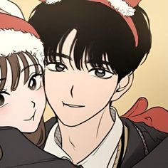 two anime characters wearing christmas hats, one is holding the other's head and smiling