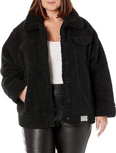 100% Polyester Imported Snap closure Dry Clean Only Shell - 100% Polyester In-seam side pockets with soft fleece hand warmer pocket linings Center front closure with UGG logo snaps Black Teddy Jacket, Travel Cardigan, Oversized Faux Fur Coat, Sherpa Trucker Jacket, Bear Jacket