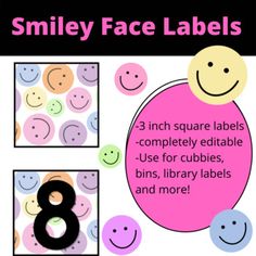 smiley face labels are shown in three different colors and sizes, with the number eight on each