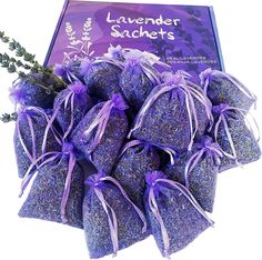 lavender sachets are wrapped in purple ribbon