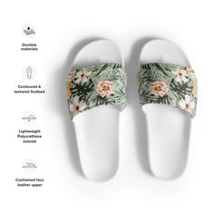 TROPICAL BEACH SLIDES with Hibiscus Rose Flowers Pineapples & Palm Leaves, Summer Slides Shoes, Floral Beach Sandals Slides, Vacation Shoes A must-have for the summer: these women's slides. A pair of these will keep you comfy throughout your day of beach or pool activities, thanks to the cushioned upper strap and the textured footbed.   DETAILS  * Cushioned and durable faux leather upper strap * Lightweight polyurethane (PU) outsole * Contoured, textured footbed * Stitched around the upper perimeter for extra durability * Spot clean only * Printed, cut, and handmade * Blank product sourced from China Important: This product is available in the following countries: United States, Canada, Australia, United Kingdom, New Zealand, Japan, Austria, Andorra, Belgium, Bulgaria, Croatia, Czech Repub Flower Shaped Beach Sandals For Summer, Casual Summer Sandals With Flower Shape, Flower Shaped Sandals For Beach And Summer, Flower-shaped Beach Sandals For Summer, White Open Toe Flip Flops For Vacation, White Sandals For Vacation, Casual Flower-shaped Sandals For Summer, Summer Beach Slides Flat, Summer Flat Flip Flops For Vacation